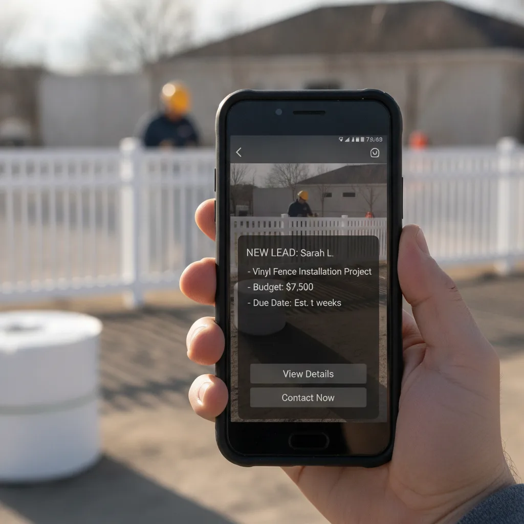 Hand holding a smartphone displaying a CRM lead notification for a vinyl fence project, with a blurred fence installation in the background.