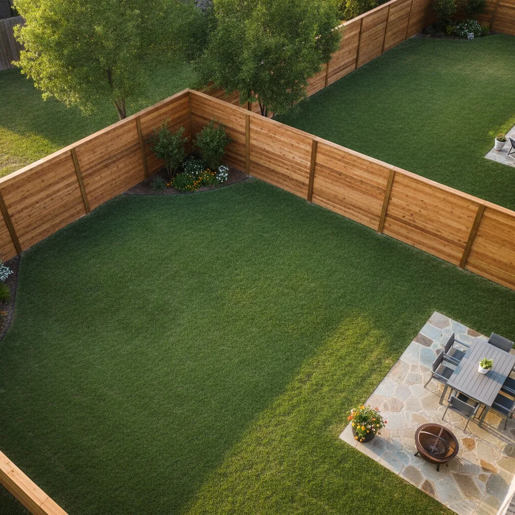 An overhead shot of a residential backyard with a freshly installed cedar wood privacy fence, green lawn, and a clear Texas sky.