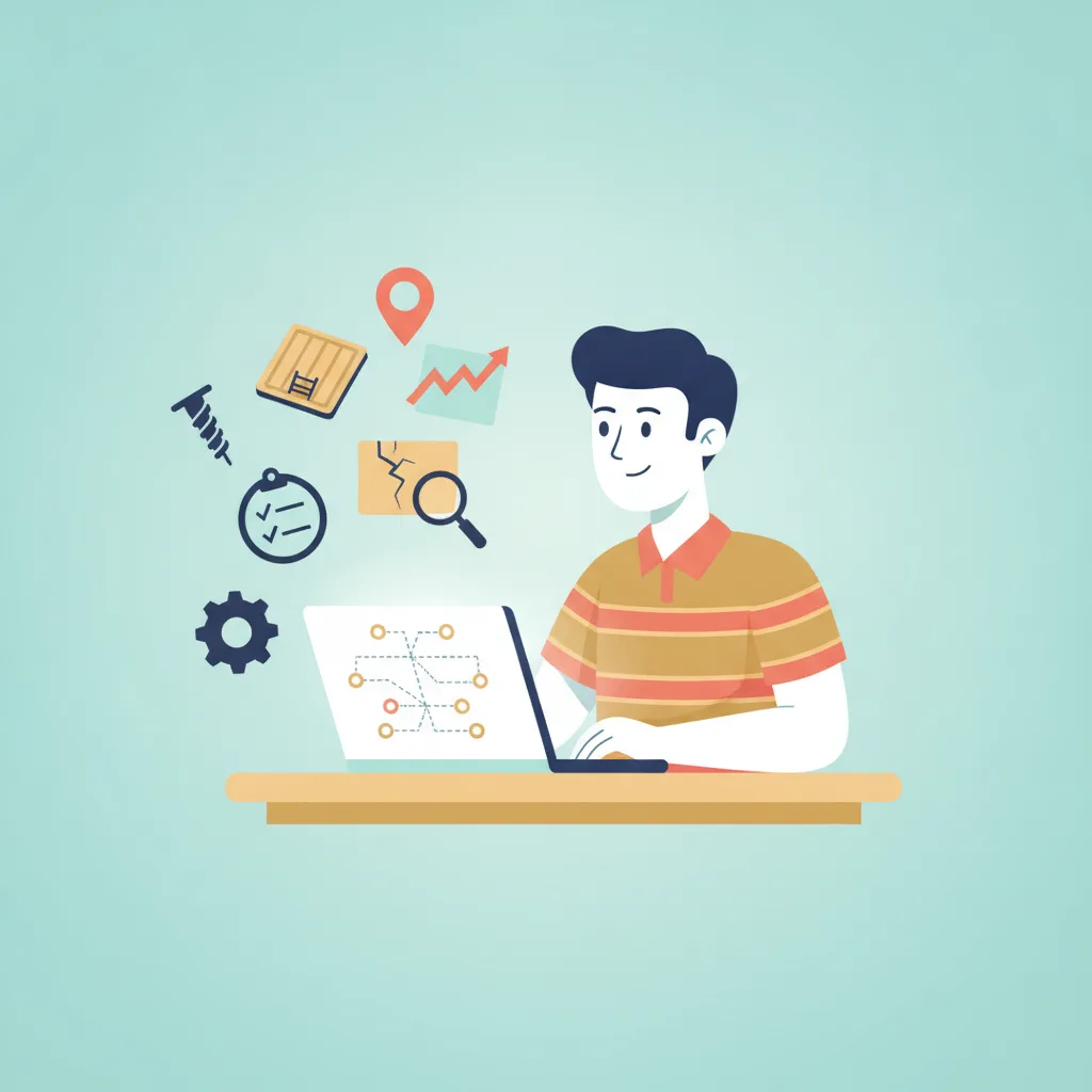A flat vector illustration of a foundation repair contractor reviewing a keyword map on a laptop, with floating icons.