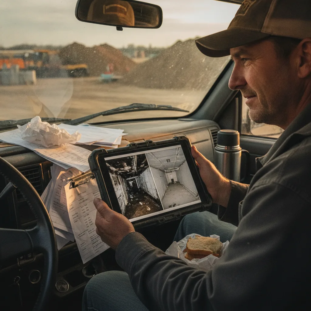 Contractor reviews crawl space encapsulation before-and-after photos on a tablet in a pickup truck at sunset.