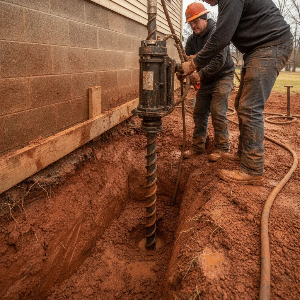 Foundation repair crew installs helical piers into expansive clay soil next to a residential foundation.
