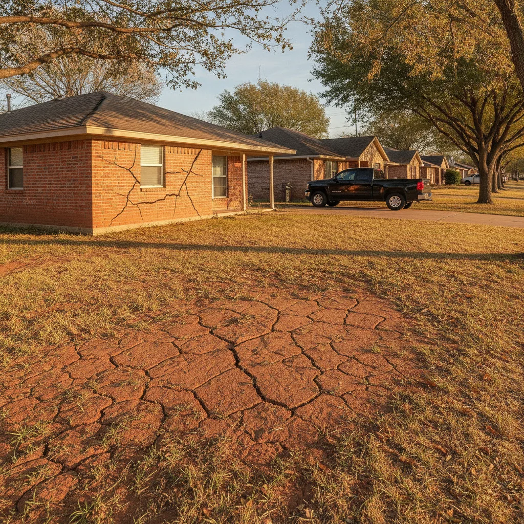 A Texas neighborhood shows effects of drought, with cracked clay soil in the foreground and a home with foundation cracks.