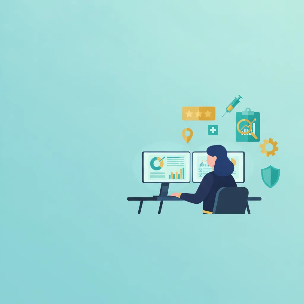 A flat vector illustration of a medical clinic owner at a desk with dual monitors, surrounded by floating healthcare icons.