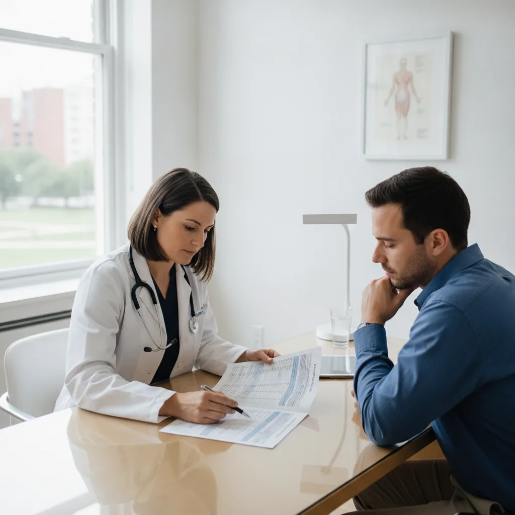 A female physician in a white coat consults with a male patient, both looking at a program pricing sheet.