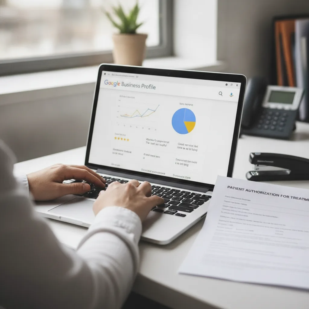 A clinic administrator's hands at a laptop showing a Google Business Profile review dashboard, with a patient form.