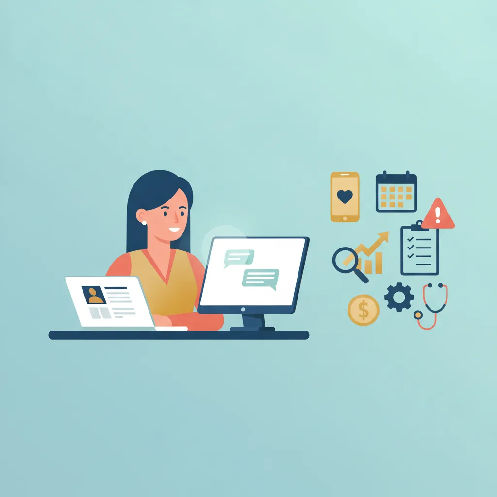 A flat, lightly-shaded vector illustration of a plastic surgery practice coordinator reviewing a lead card and a chat window.