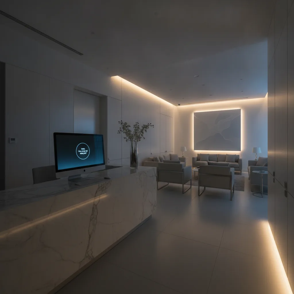 Modern plastic surgery reception area at night, lights dimmed, front desk empty, chat widget notification on monitor.
