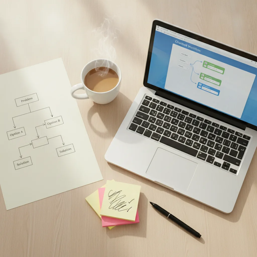 Overhead flat-lay of a desk with a decision tree flowchart, laptop with chatbot workflow, coffee, sticky notes, and pen.