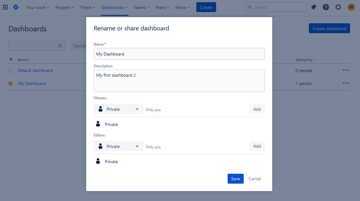 Jira Dashboard Sharing Options