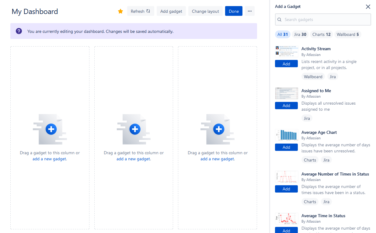 Adding Gadgets to Jira Dashboards