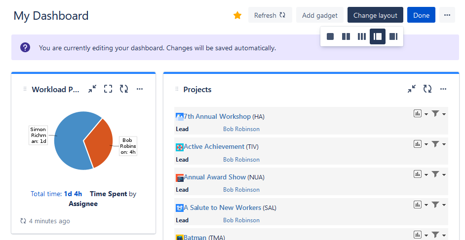 Changing the Jira Dashboard Layout