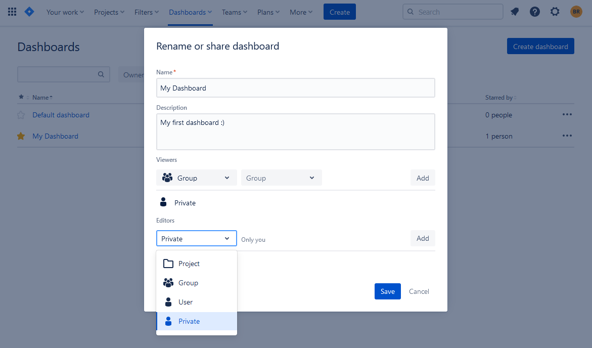 Choosing the Permission Level of Jira Dashboard Editors