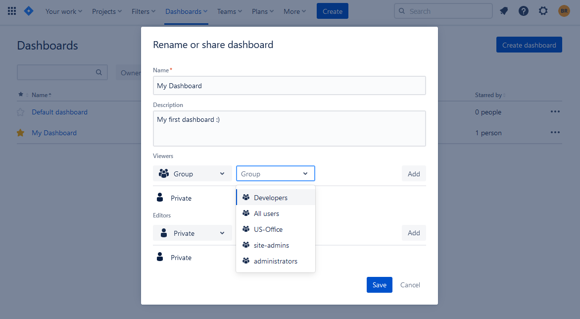 Choosing the Permission Level of Jira Dashboard Viewers