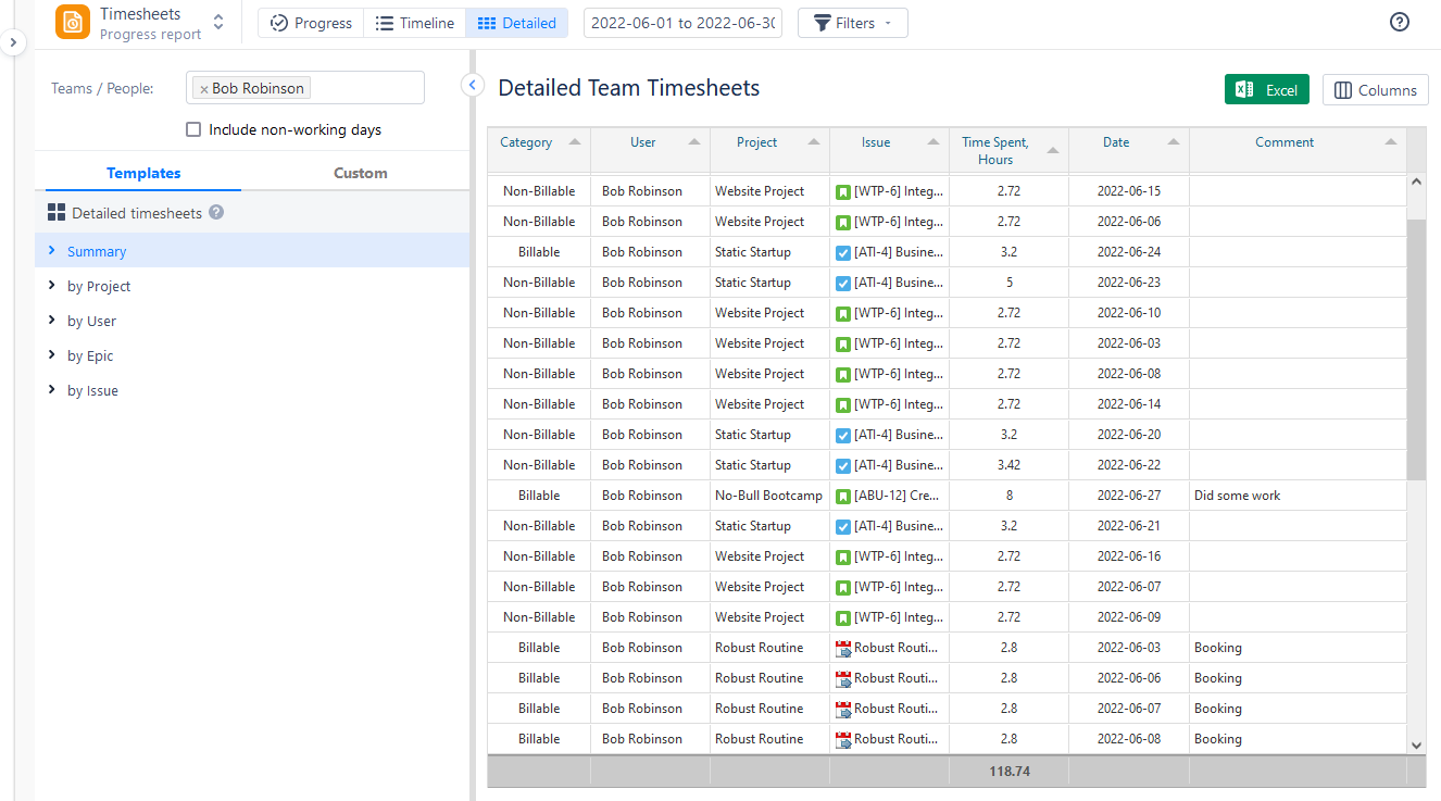 ActivityTimeline Detailed Team Timesheets