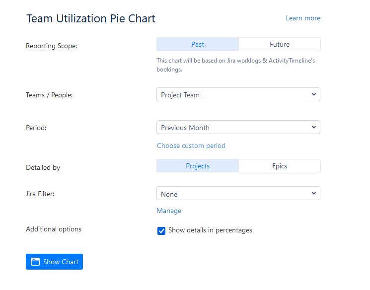 Configuration of the Team Utilization Pie Chart