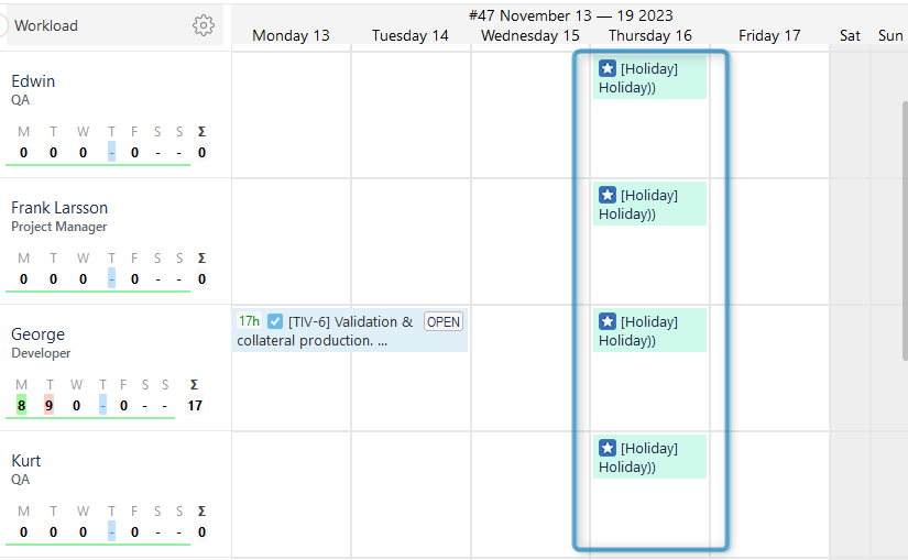 Holiday Management in ActivityTimeline