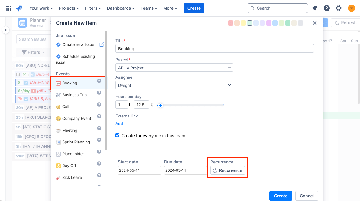 Creating new recurring event with ActivityTimeline