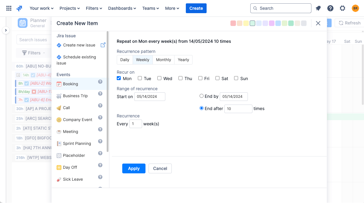 Setting Jira issue recurrence parameters in ActivityTimeline