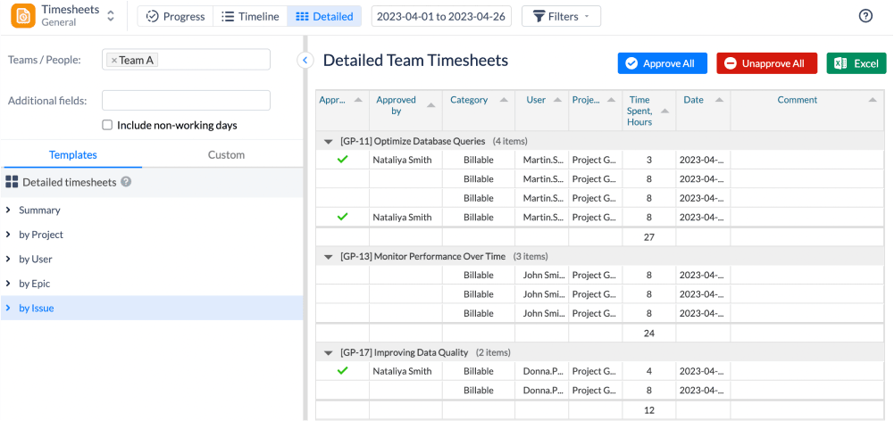 Jira Approving Timesheets in ActivityTimeline