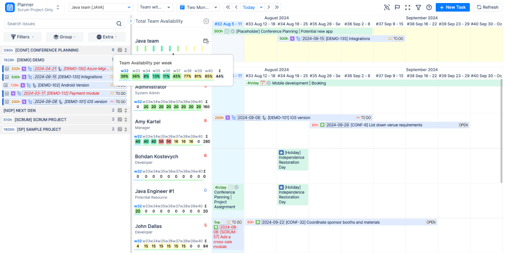 Functional team availability in ActivityTimeline