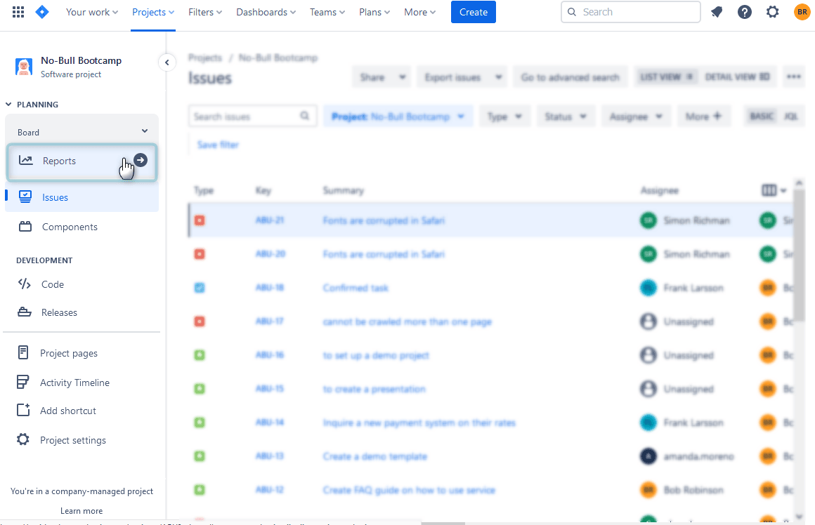 Jira Reporting Menu