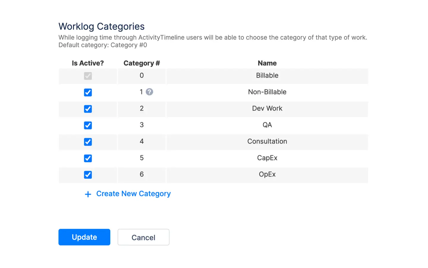 Configuration of work types for logging time with ActivityTimeline