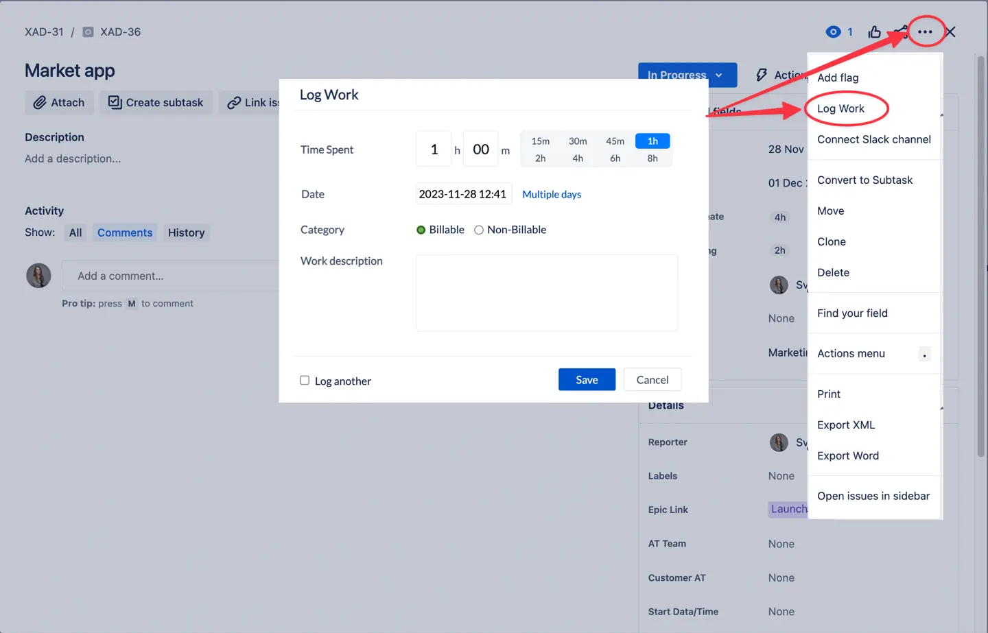 Logging work time from the Jira issue using ActivityTimeline