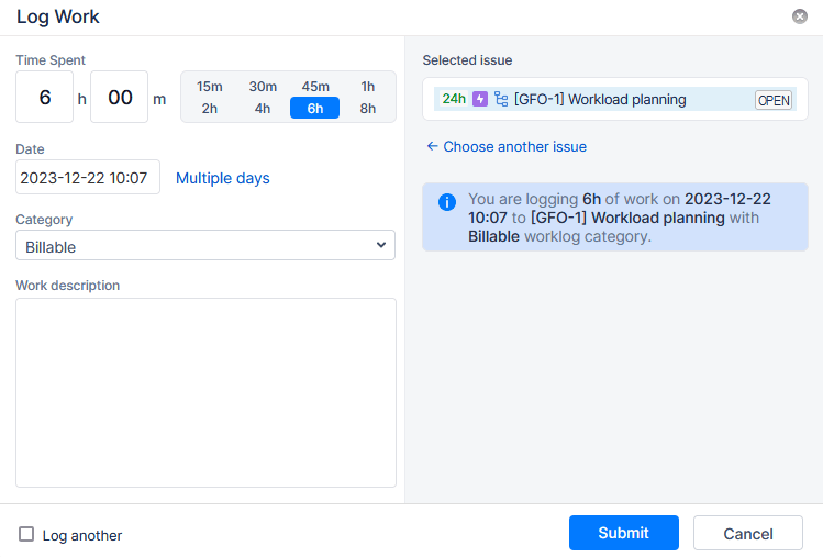 Log Work Dialogue in ActivityTimeline