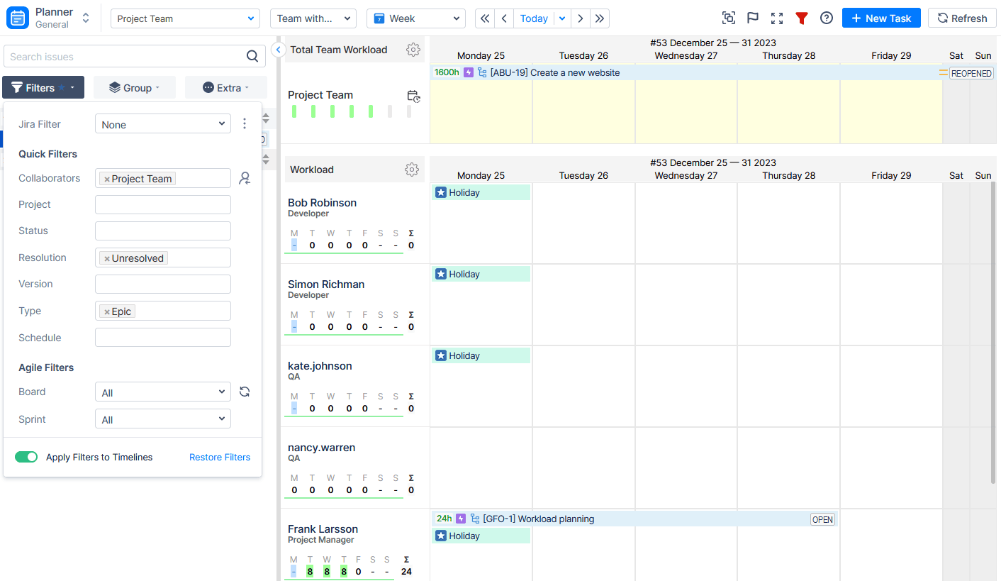 Left Panel with Tasks and Projects in Activity Timeline