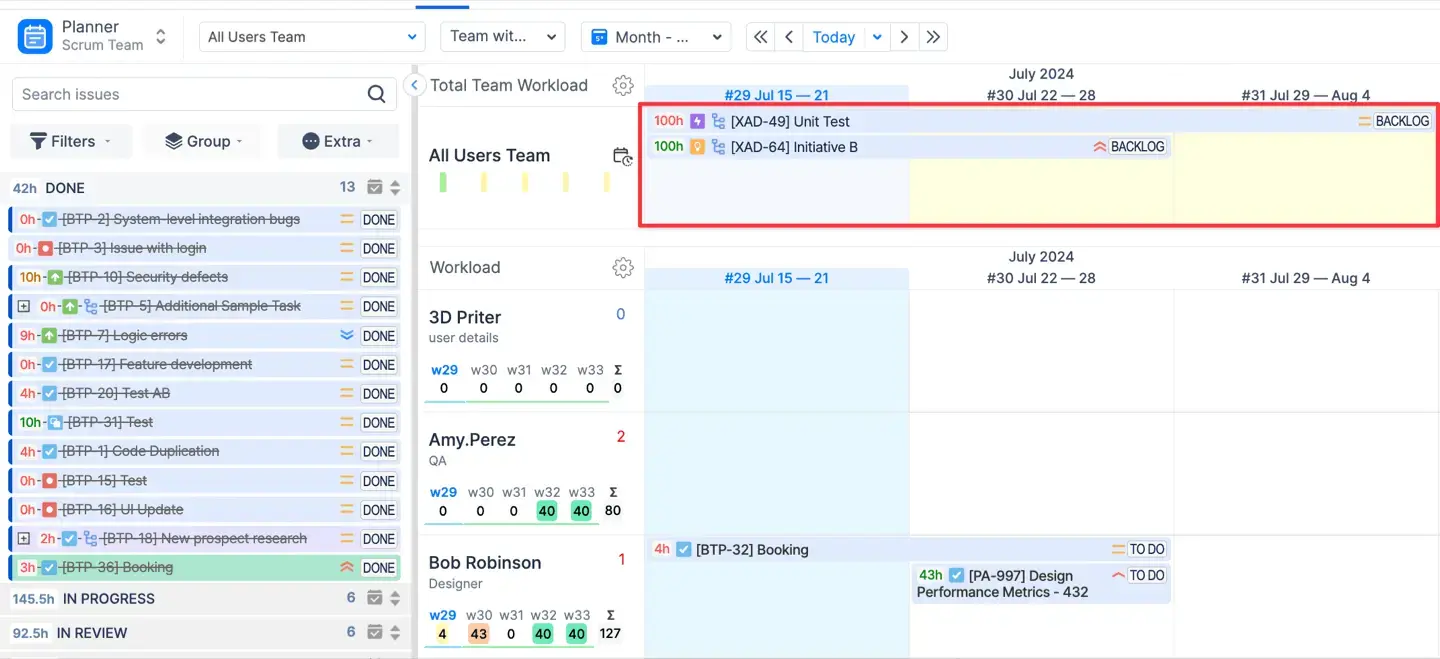 Shared teams capacity planning view