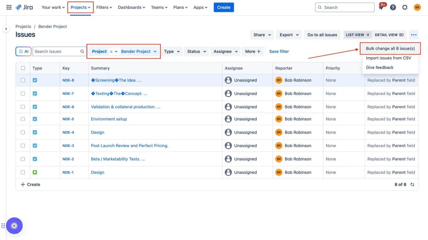 Bulk change option in Jira Projects