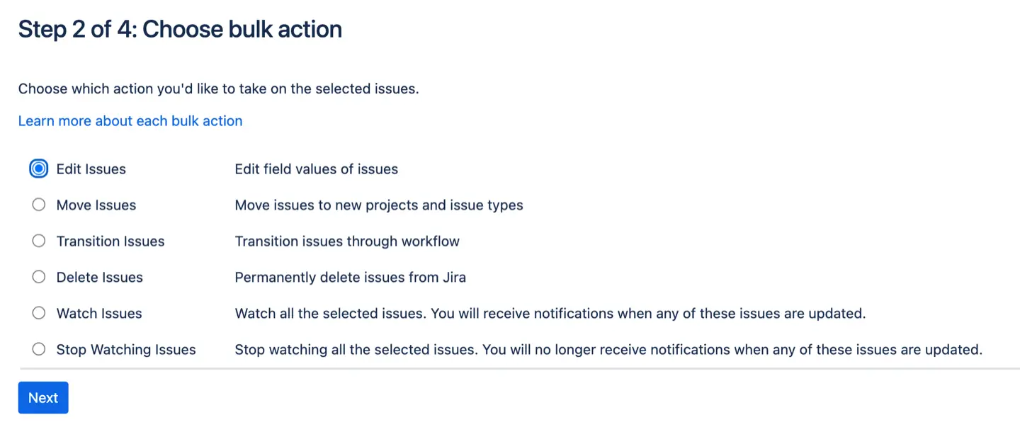 Bulk actions available in Jira 