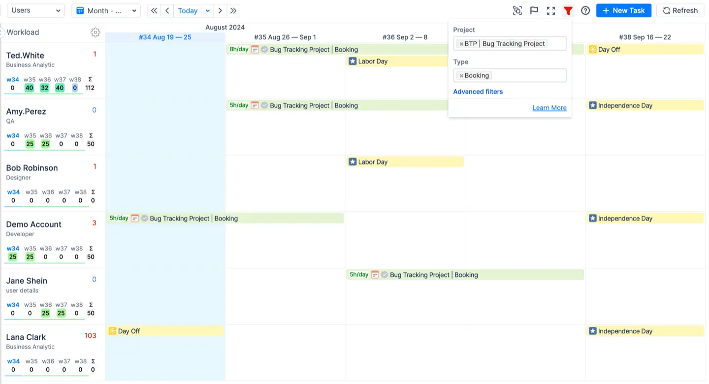 Filtering issues by project on a timeline
