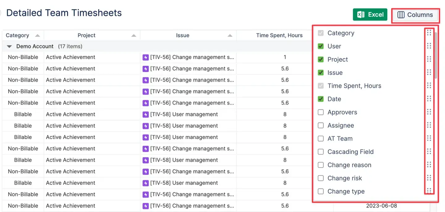 Detailed Team Timesheets configuration via Columns panel