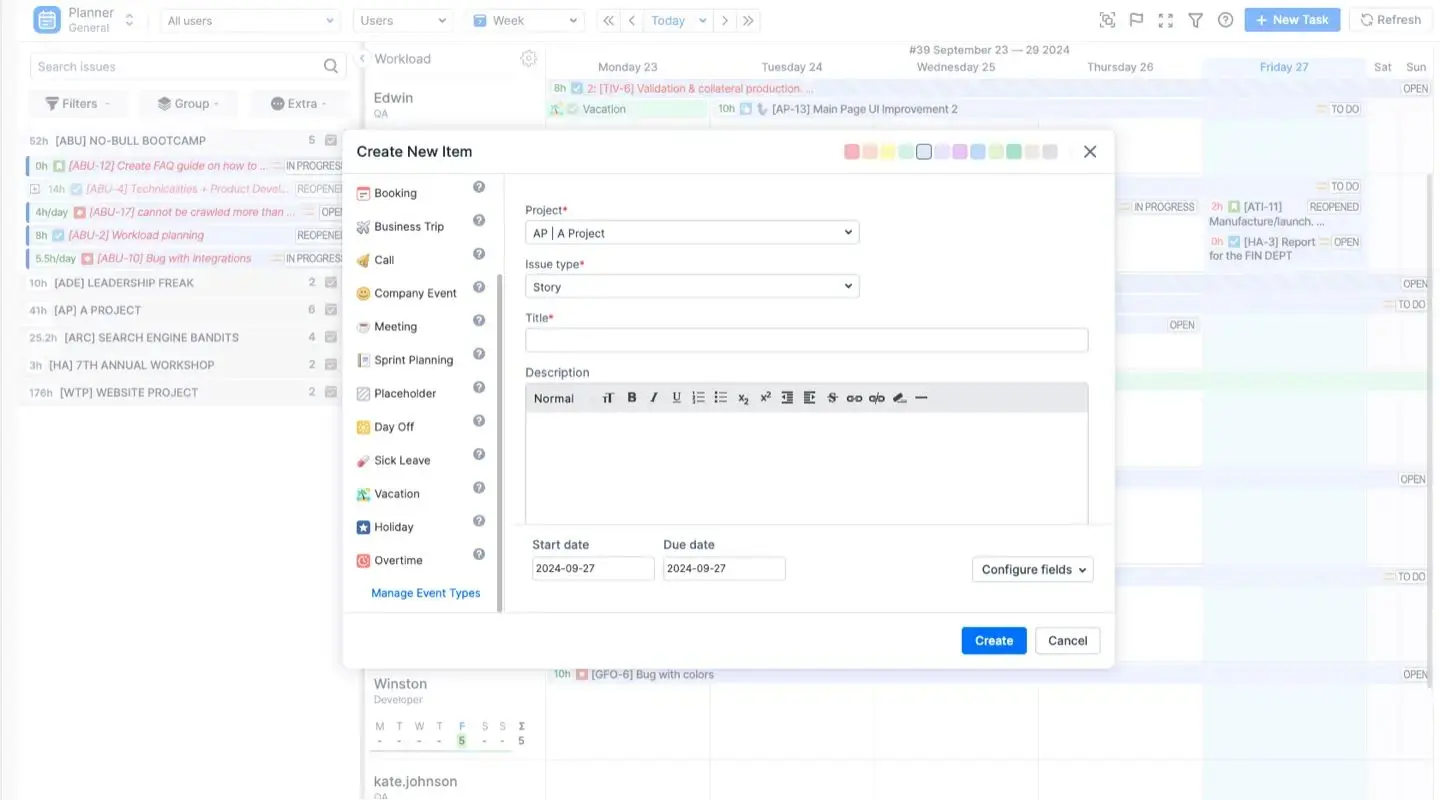 Creating an issue from ActivityTimeline Planner