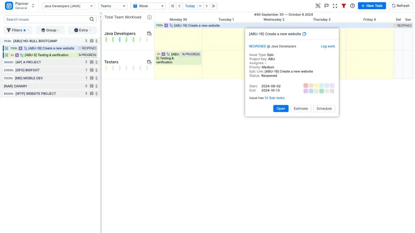 Team panel on ActivityTimeline Planner view