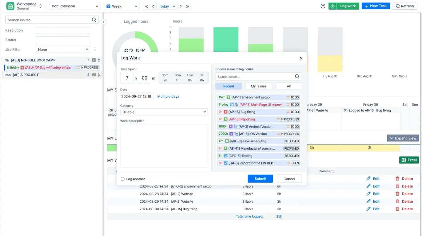 Logging work from Workspace view
