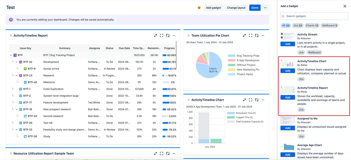 Jira reports as Gadgets in ActivityTimeline