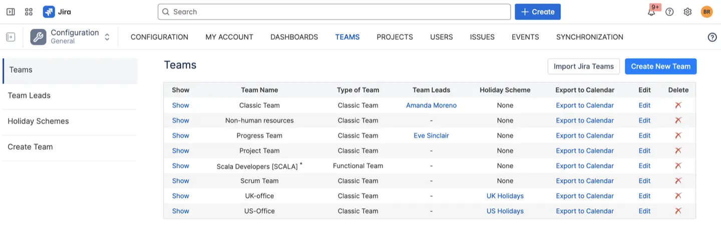 Teams configuration menu in ActivityTimeline