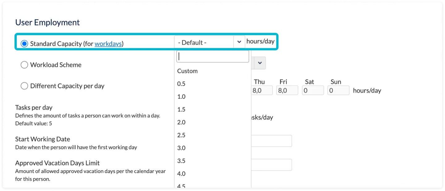 Capacity settings in ActivityTimeline