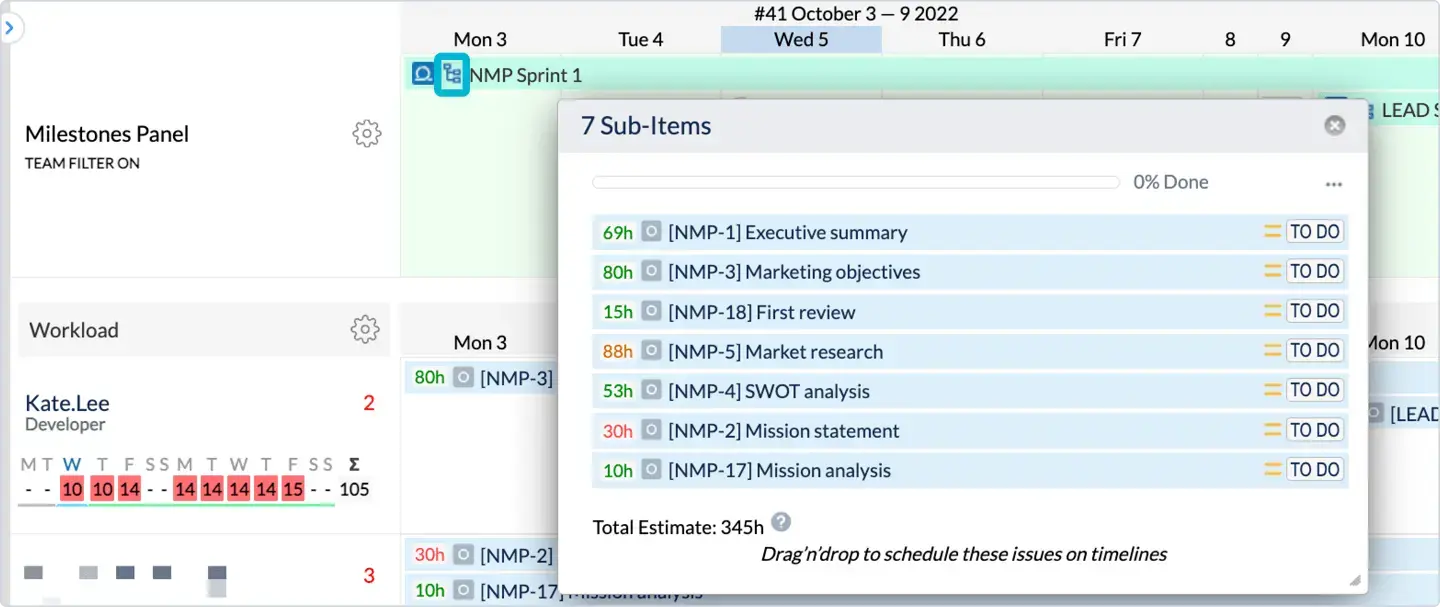 Milestones and Team panels in the Plan view