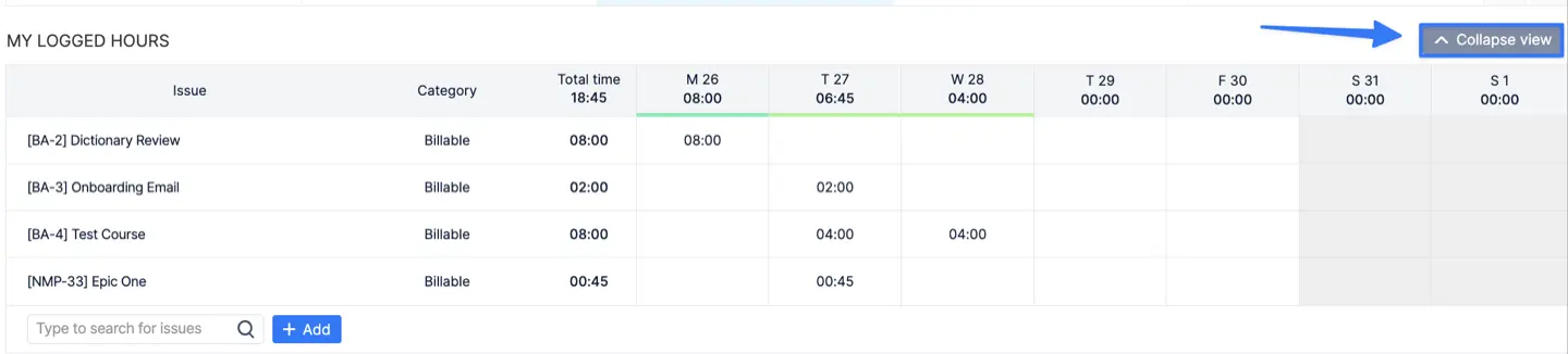 Expanded view of logged hours by person in Workspace