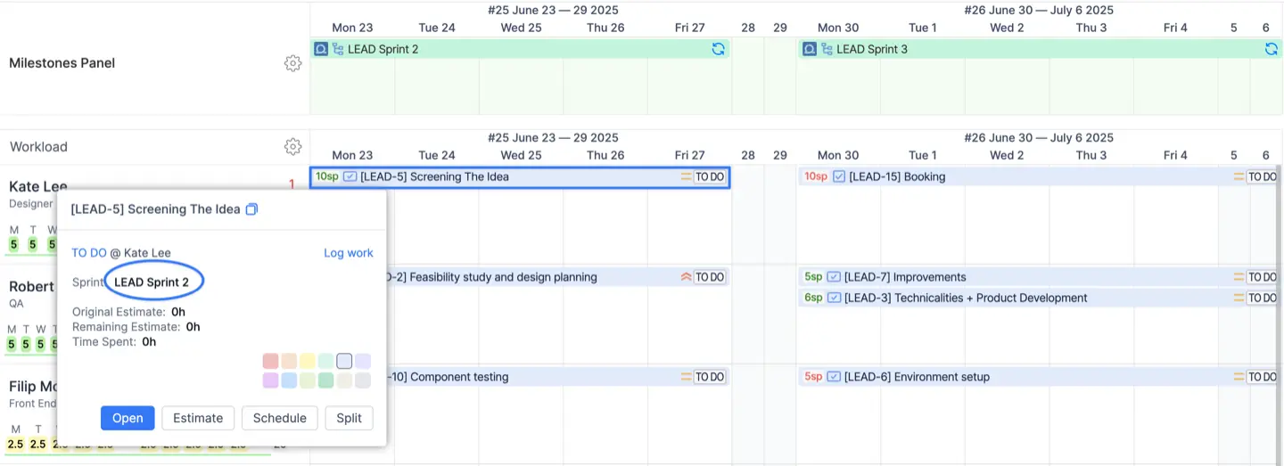 Sprints can be visualized in ActivityTimeline using a Milestone panel