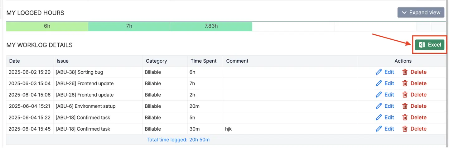 A screenshot showing the "My Worklog Details" table within the Workspace, with the "Excel" export button highlighted