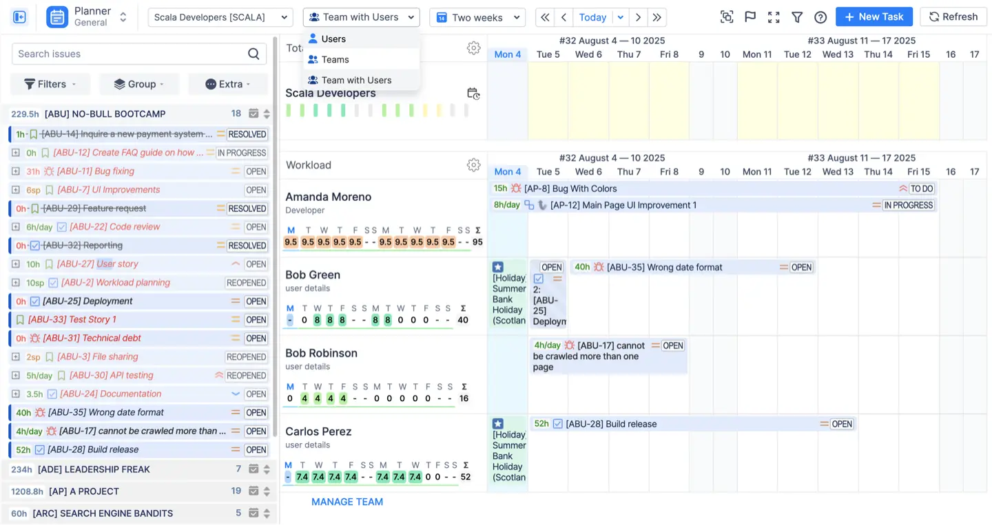A screenshot of the Planner module showing the dropdown to switch between 'Users' and 'Teams' view.