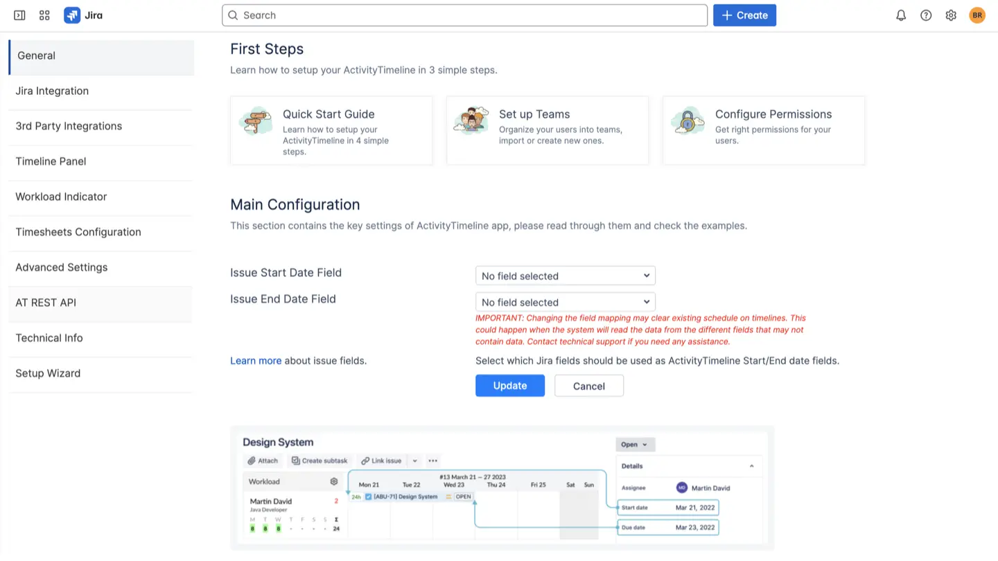 A screenshot of ActivityTimeline's Jira Integration Configuration page, showing "No field selected" for "Planned Issue Start Date" and "Planned Issue End Date", and "None (none)" for "Timeline Assignee"