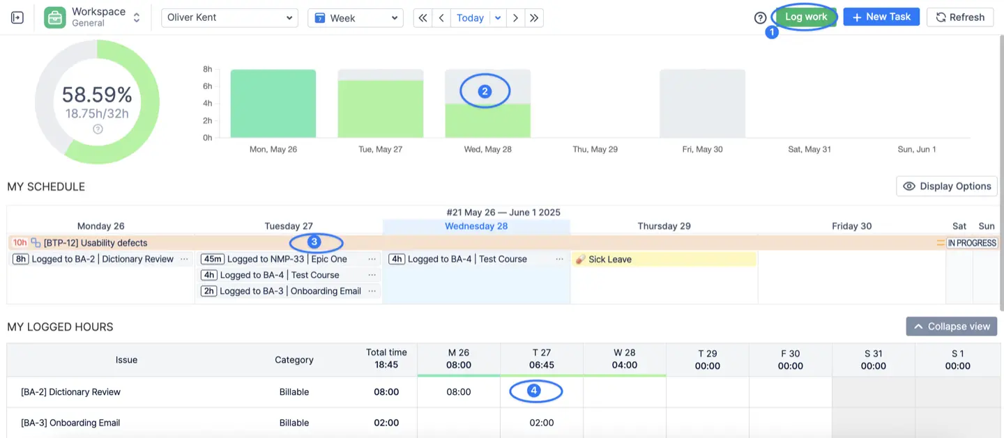 Ways to log hours in the Workspace