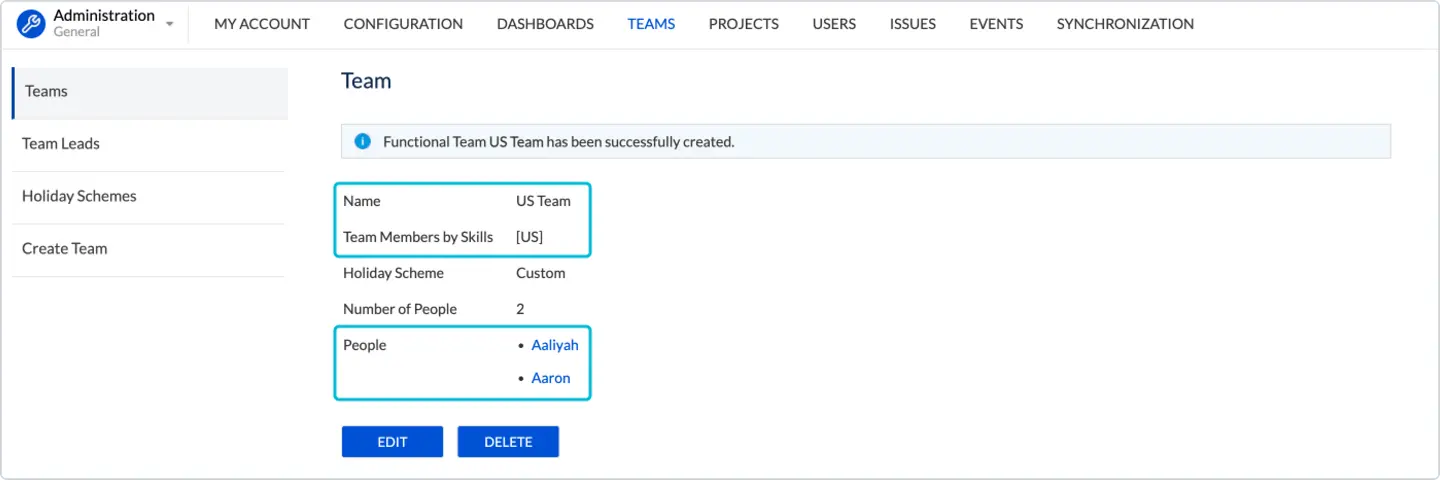 A screenshot of the "Create Functional Team" dialogue in ActivityTimeline, showing "Team Members by Skills" or "Team Members by Positions" option, with "US" selected as a skill or position.