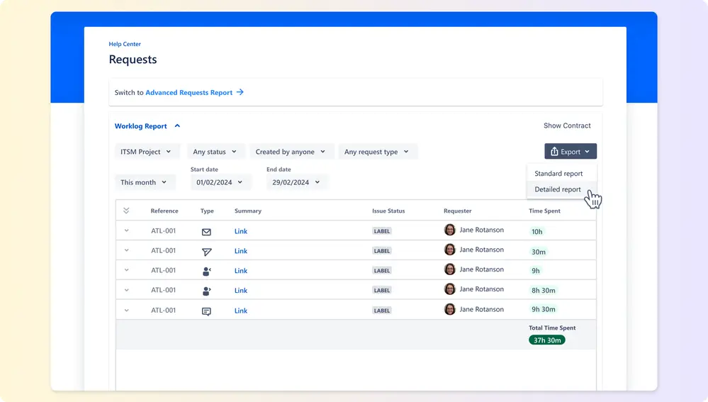A detailed worklog report can be exported from Worklog Report