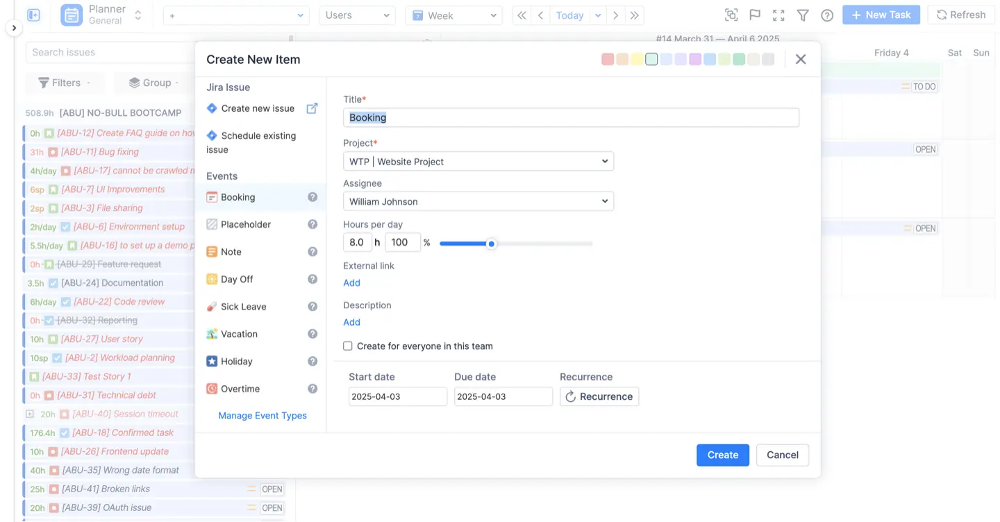 Creating a Placeholder issue on a timeline